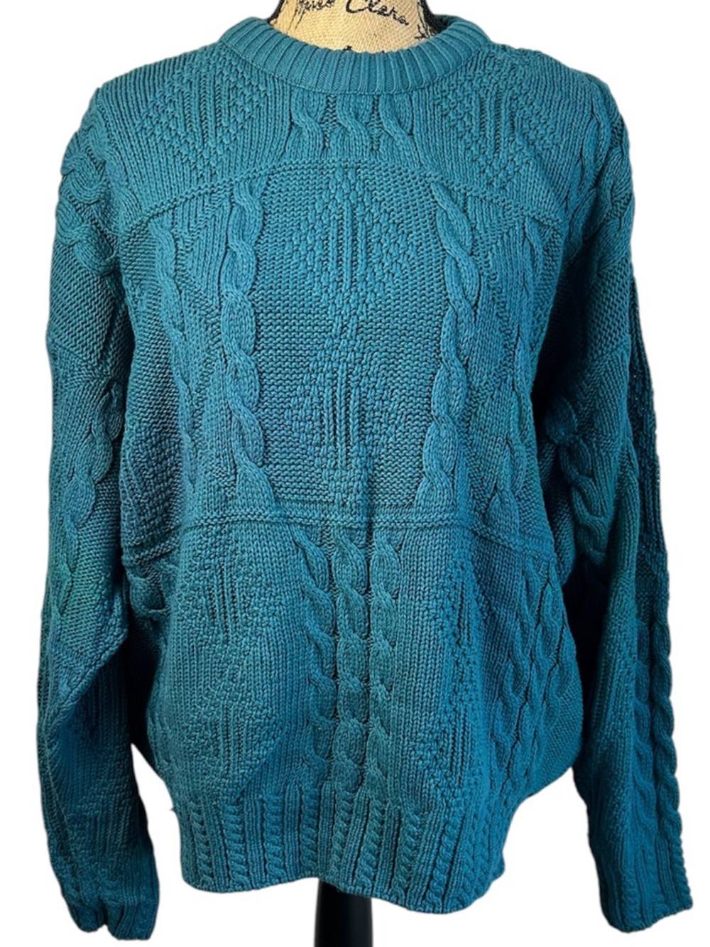 Wimbledon Collection by Racquet Club Teal Cable Knit Crewneck Sweater